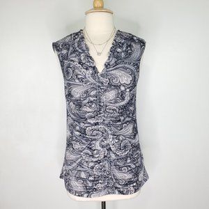 Sharagano Black Gray White Paisley Form Fitting Sleeveless Top With Ruching L